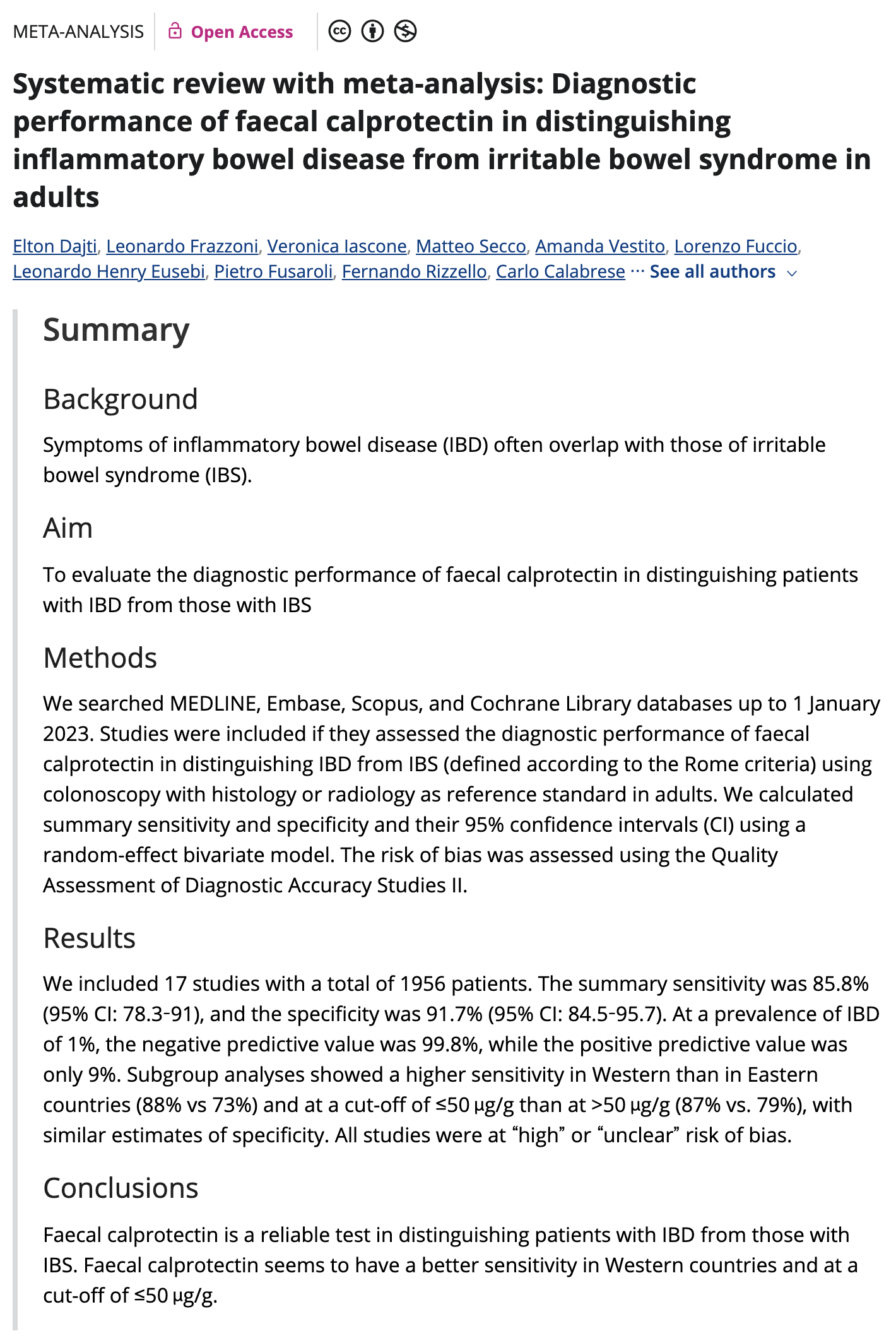 2023년 Alimentary Pharmacology & Therapeutics 게재 메타분석 Systematic review with meta-analysis: Diagnostic performance of faecal calprotectin in distinguishing inflammatory bowel disease from irritable bowel syndrome in adults의 제목부와 초록 원문
