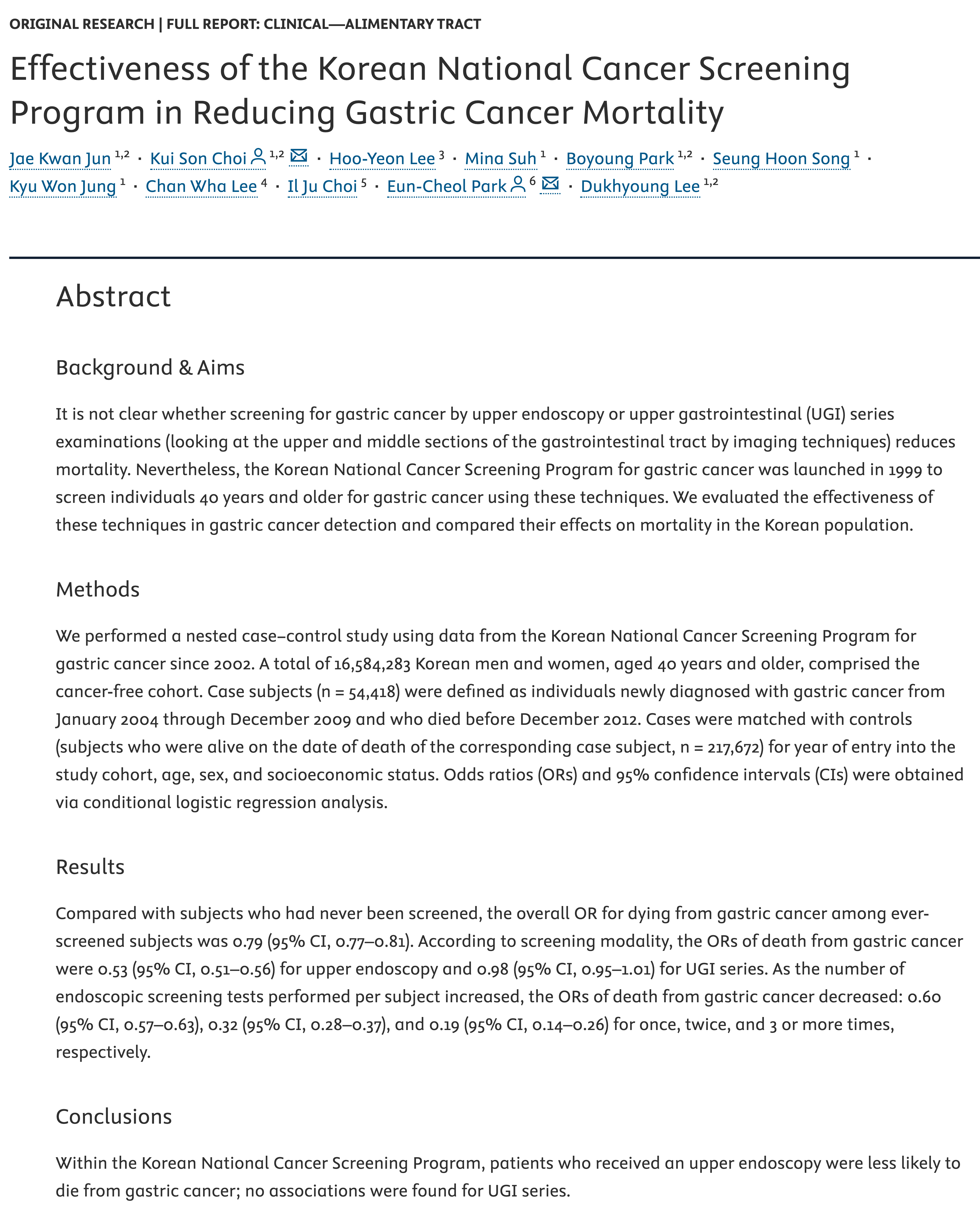 2017년 Gastroenterology 게재 원저 Effectiveness of the Korean National Cancer Screening Program in Reducing Gastric Cancer Mortality의 제목부와 초록 원문
