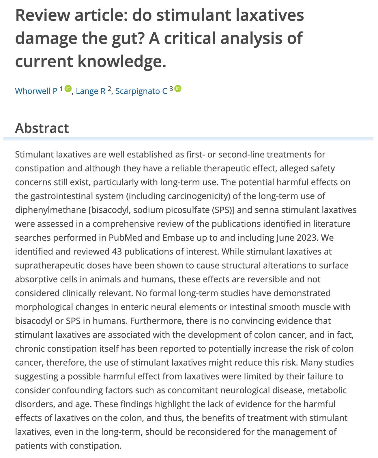 Therapeutic Advances in Gastroenterology 2024년 게재 리뷰 'Review article: do stimulant laxatives damage the gut? A critical analysis of current knowledge'의 제목부와 초록 원문