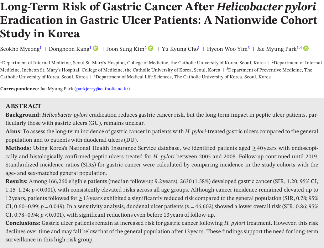 국제 학술지 Helicobacter 2025년 게재 원저 'Long-Term Risk of Gastric Cancer After Helicobacter pylori Eradication in Gastric Ulcer Patients: A Nationwide Cohort Study in Korea'의 제목부와 초록 원문